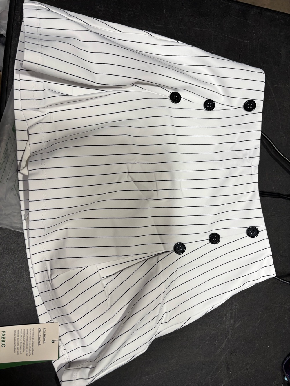 HALARA White Pinstripe Skirt Set with Black Buttons